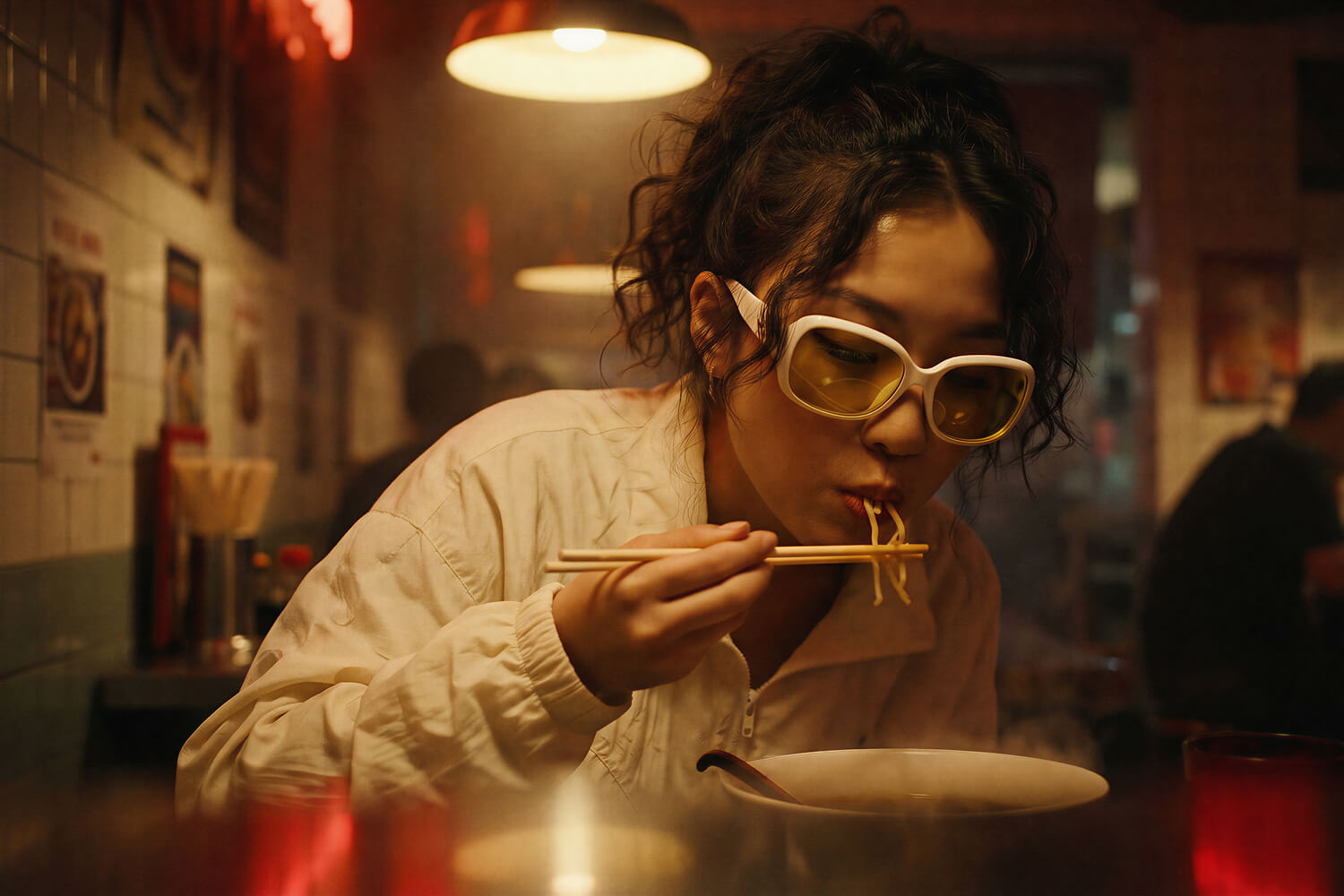 Woman in white sunglasses eating noodles with chopsticks in a dim noodle bar