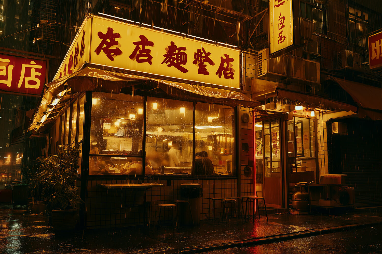 Noodle bar glowing under its yellow sign on a rain-soaked street at night