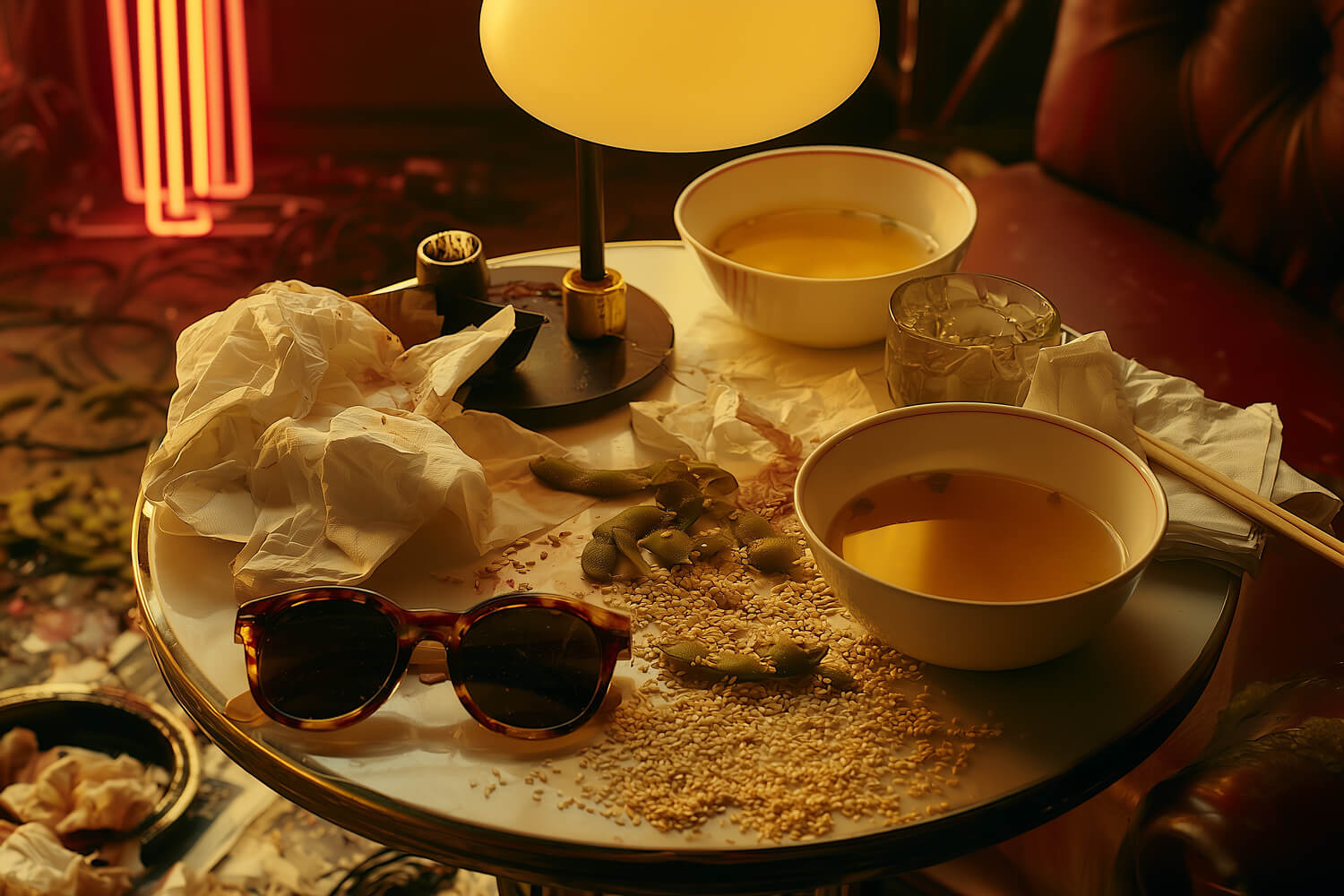 Table strewn with bowls of broth, tissues, sunglasses and sesame under a lamp