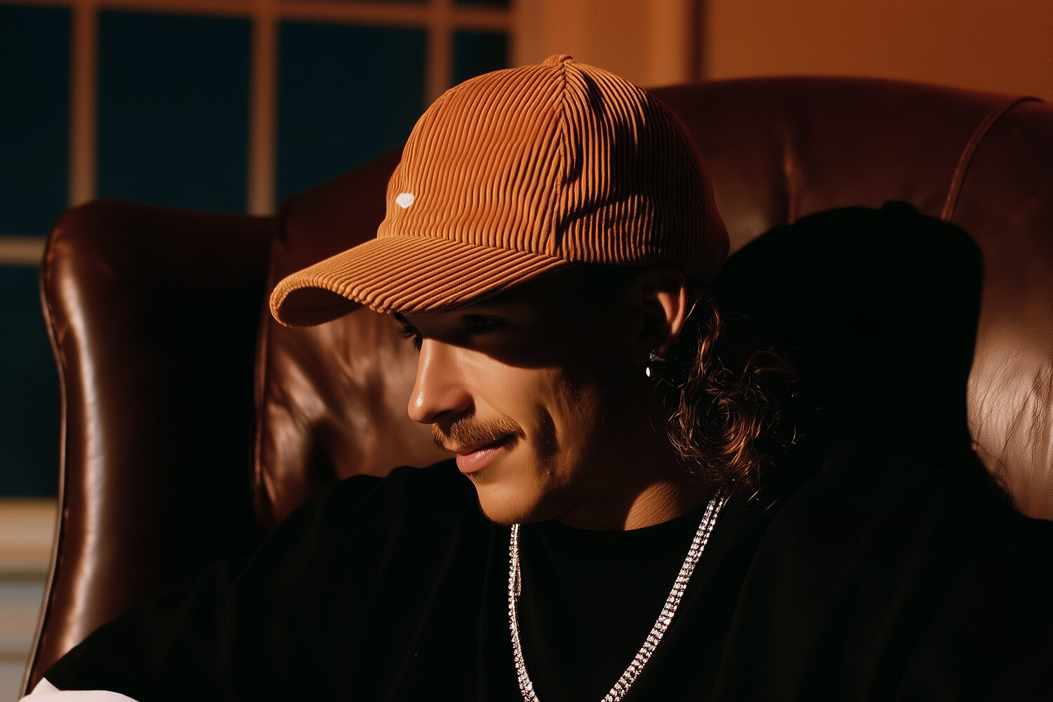 Man in a rust corduroy cap caught in low sun, sitting in a leather armchair