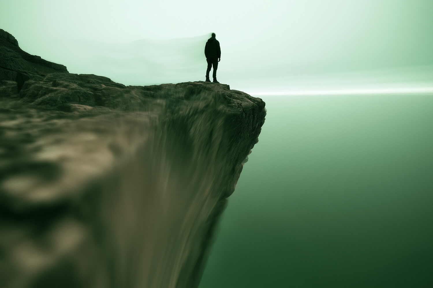 Lone figure standing on a cliff edge above a still green sea