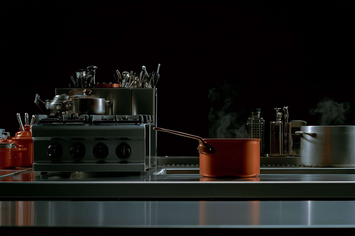 Red saucepan steaming on a steel kitchen counter beside the range