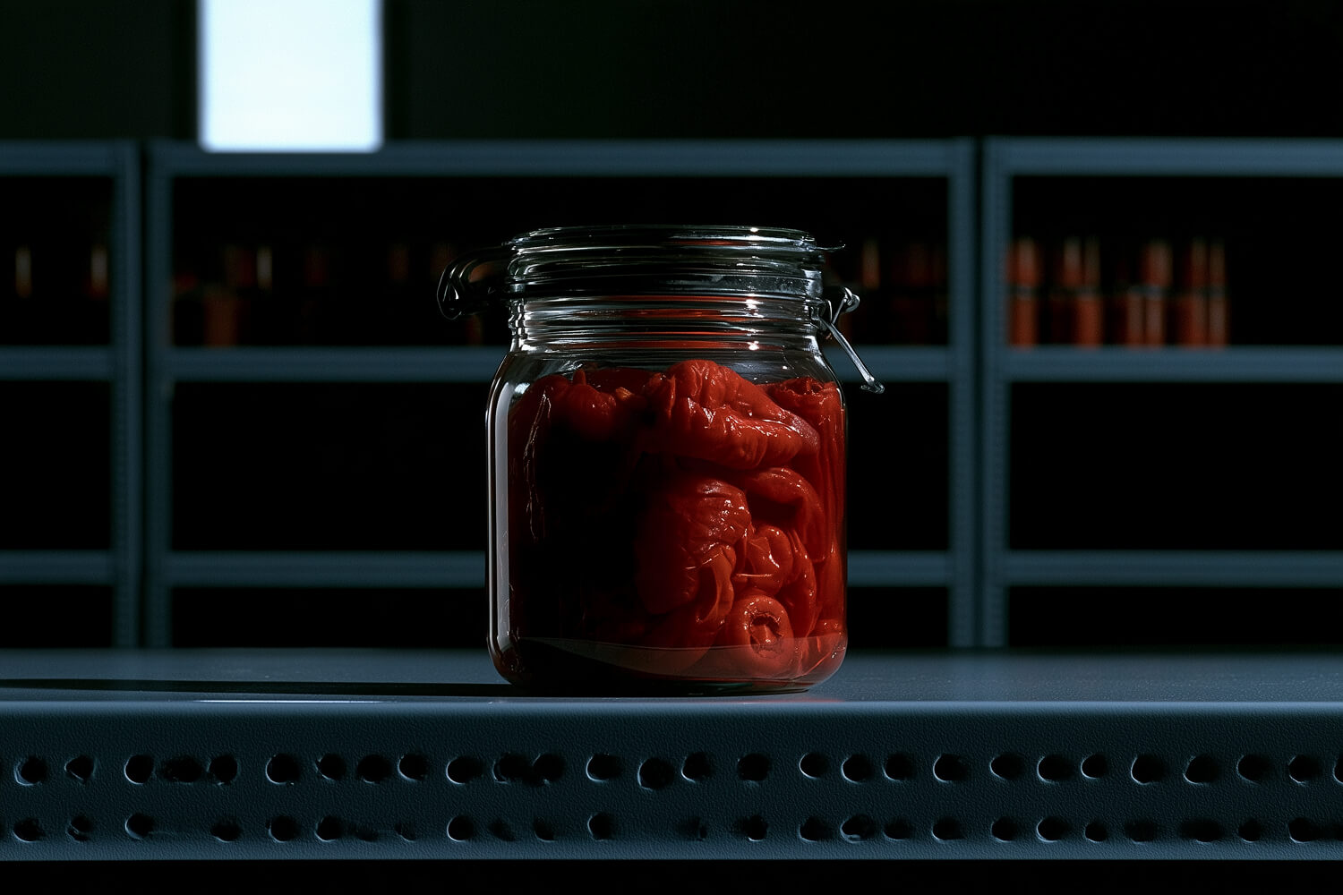 Glass jar of preserved red peppers on a steel shelf in a dim pantry