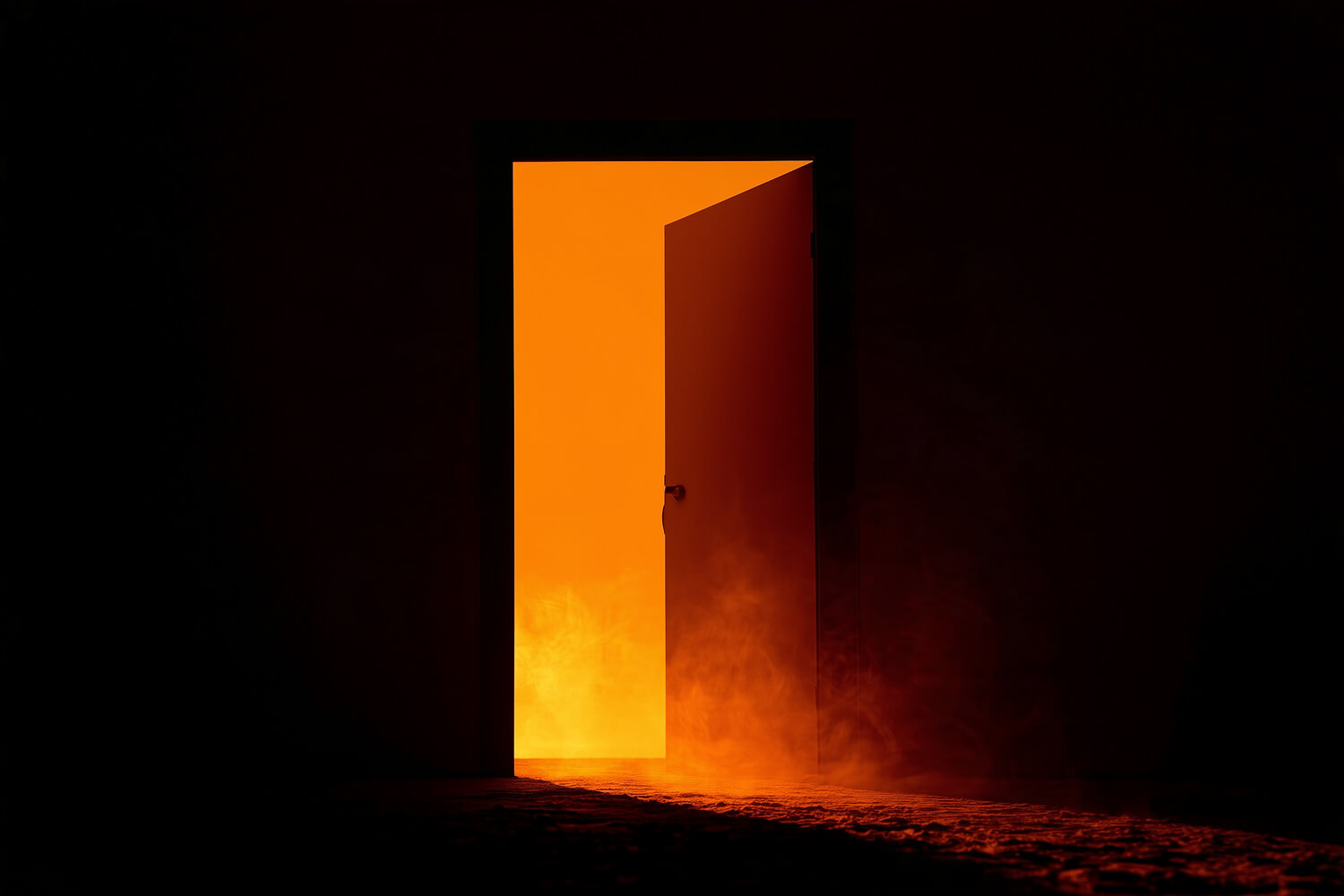 Doorway glowing amber in a dark room, haze drifting across the floor